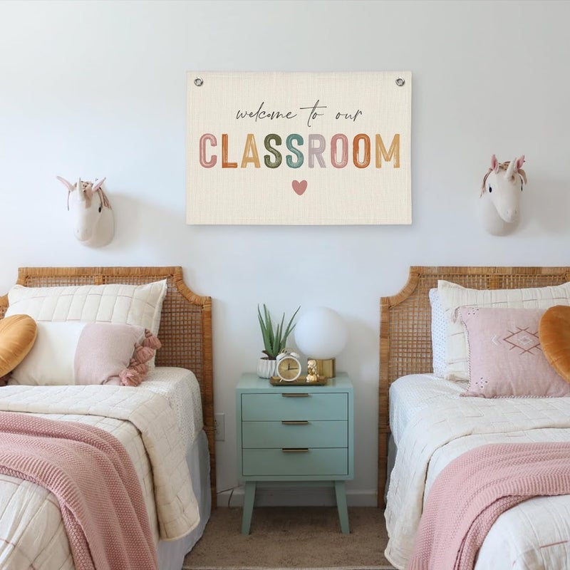 PLKMN Boho Classroom Decor Door Essentials, Welcome To Our Classroom Linen Canvas Banner Wall Hanging Flag, Boho Welcome Sign 20x30 Inch - Image 5
